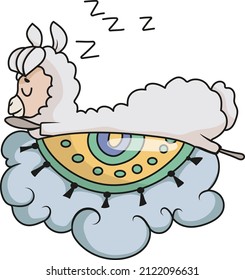 
cute lama sleeps on a cloud with a bright plaid