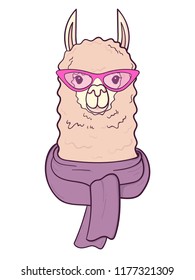 Cute Lama with trendy glasses and scarf. Print for fabric, t-shirt, poster. Vector illustration
