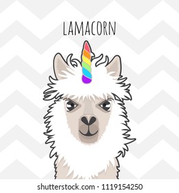 Cute lama with a unicorn horn in the color of the rainbow. Lamacorn. Vector illustration in the Scandinavian style. Suitable for textiles, postcards, posters, printing, decorating children's item.