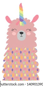 Cute lama with a unicorn horn in the color of the rainbow. Lamacorn. Vector illustration in the Scandinavian style.