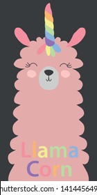 Cute lama with a unicorn horn in the color of the rainbow. Lamacorn. Vector illustration in the Scandinavian style.