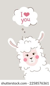 Cute lama for valentine's day. Inscription I Love you . Vector illustration of cartoon funny animal on a pink background