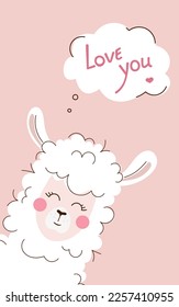 Cute lama for valentine's day. I Love you . Vector illustration of cartoon funny animal on a pink background