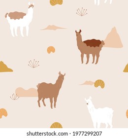 Cute lama. Vector illustration with abstract hills, grass, domestic animals. Alpaca's farming. Seamless pattern for packaging, textile, wallpaper. Natural brown colors. Sandy landscape.