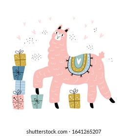 cute lama vector illustration of happy birthday typography