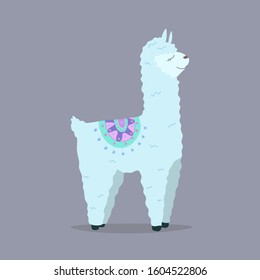 Cute lama, vector illustration on purple background, funny alpaca