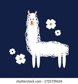 cute lama vector illustration white on blue background