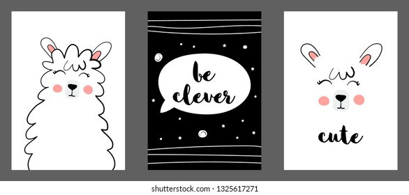 Cute lama  vector print in scandinavian style. Set of hand drawn vector illustrations for  cards, posters, cards, t-shirts, book, textile.