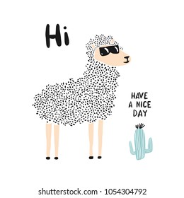 Cute lama wearing sunglasses. Childish print for nursery, kids apparel, poster, postcard. Vector Illustration. Flat style.