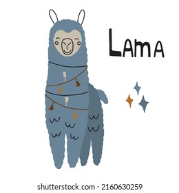 Cute lama with wreath in boho style on a white background. Funny animal. Alpaca for children's room design. Vector illustration