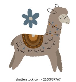 Cute Lama mit Kranz im Boho-Stil auf weißem Hintergrund. Hübsches Tier. Alpaca für Kinderzimmer-Design. Vektorgrafik