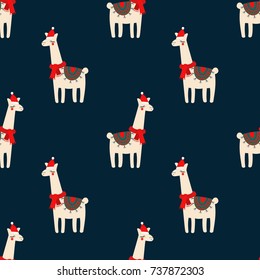 Cute lama with xmas hat seamless pattern on dark blue background. Vector baby animal illustration for kids. Child drawing style lama. Design for fabric, wallpaper, textile and decor.