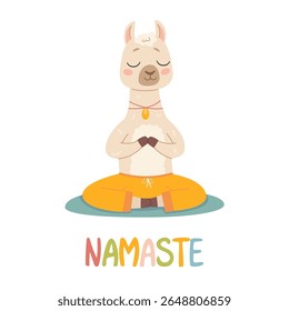 Cute lama in a yoga pose on a white background. Cute children's style. Cute relaxed llama in meditation pose. Alpaca. Vector illustration in cartoon style.