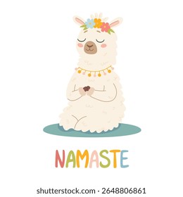 Cute lama in a yoga pose on a white background. Cute children's style. Cute relaxed llama in meditation pose. Alpaca. Vector illustration in cartoon style.