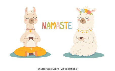 Cute lama in a yoga pose on a white background. Cute children's style. Cute relaxed llama in meditation pose. Alpaca. Vector illustration in cartoon style.