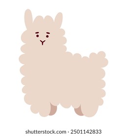 Lama linda, alpaca en estilo plano dibujado a mano. Animal aislado sobre fondo blanco. Ilustración vectorial. Niños, gráfico infantil. Granja, salvaje, zoológico, animales del bosque.