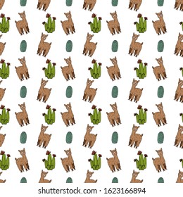 Cute lamas and alpacas. Funny animals isolated on white. Alpaca pattern. Cactus