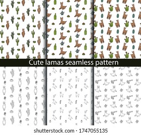 Cute lamas and alpacas seamless pattern. Funny animals isolated on white. Alpaca pattern. Cactus