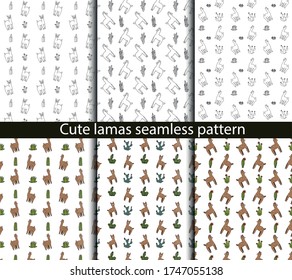 Cute lamas and alpacas seamless pattern. Funny animals isolated on white. Alpaca pattern. Cactus