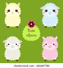 Cute lamas. Cartoon llama characters. Happy kawaii alpaca. Vector illustration for kids and babies fashion. Animals Stickers