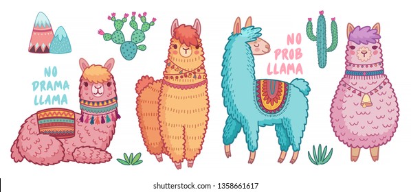 Cute Lamas with funny quotes. Funny hand drawn characters. Vector illustration.