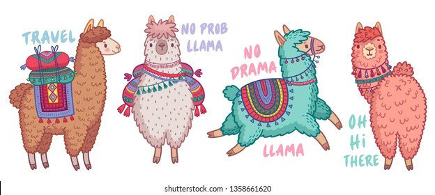 Cute Lamas with funny quotes. Funny hand drawn characters. Vector illustration.