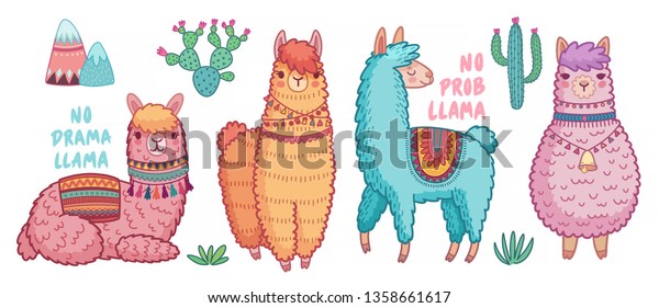 Cute Lamas With Funny Quotes Funny Hand Drawn Characters Vector