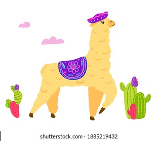 Cute Lamas with mountains and cactus in vector. Hand drawn llama character illustration and cactus elements for nursery design, poster, greeting, birthday card, baby shower design and party decor