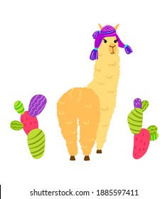 Cute Lamas with mountains and cactus in vector. Hand drawn llama character illustration and cactus elements for nursery design, poster, greeting, birthday card, baby shower design and party decor