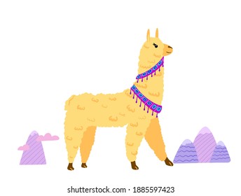 Cute Lamas with mountains and cactus in vector. Hand drawn llama character illustration and cactus elements for nursery design, poster, greeting, birthday card, baby shower design and party decor