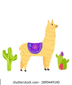 Cute Lamas with mountains and cactus in vector. Hand drawn llama character illustration and cactus elements for nursery design, poster, greeting, birthday card, baby shower design and party decor