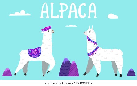 Cute Lamas with mountains and cactus in vector. Hand drawn llama character illustration and cactus elements for nursery design, poster, greeting, birthday card, baby shower design and party decor