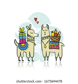 Cute lamas on love. Greeting card for your design. Vector illustration