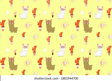 Cute lamas seamless pattern. Orange cactus and sun on the background. Vector illustartion. 
