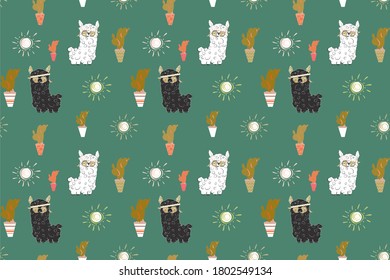 Cute lamas seamless pattern. Vector illustartion. Cactus and suns background. Wallpaper for kids room.