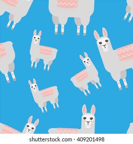 cute lamas seamless vector pattern with blue background