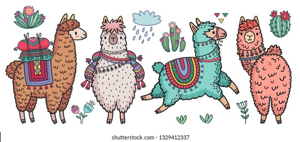 Cute Lamas stehen und rennen. Hübsche, handgezeichnete Charaktere mit Kakteen. Vektorgrafik.