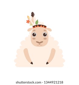 Cute Lamb Animal Wearing Indian Traditional Tribal Headdress with Feathers, Leaves and Flowers Vector Illustration