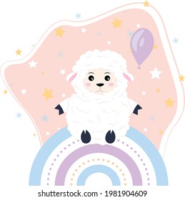 A cute lamb with a balloon sits on a rainbow. Decor for the nursery, postcard, clipart. Farm animal