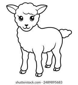 A cute lamb with big, expressive eyes stands cheerfully, drawn in a charming outline style perfect for young artists. vector for coloring page and coloring books