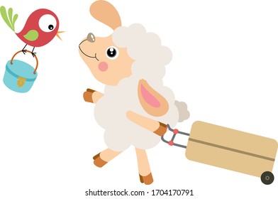 Cute lamb and bird pulling baggage suitcase travel
