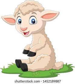 Cute Lamb Cartoon Sitting On The Grass