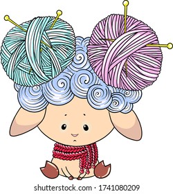 Cute lamb character with balls of thread. Vector lamb character for textile print. Vector isolated on white background.