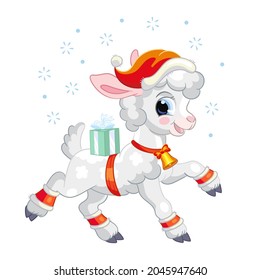 Cute lamb in a Christmas hat with gifts and snowflakes. Cartoon lamb character. Vector isolated illustration. For postcard, posters, design, greeting card, stickers, decor, kids apparel