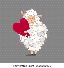 cute lamb with closed eyes  hugging a big red heart
