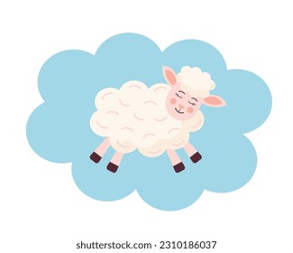 Cute lamb in the cloud. Cartoon baby sheep character. Vector flat cartoon illustration.