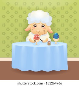 Cute lamb is coloring Easter egg