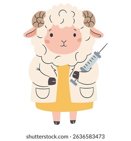 Cute lamb in doctor or nurse costume holding syringe on white background. Flat vector illustration in simple children's style 