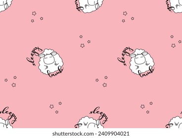 cute lamb doodle pink seamless pattern