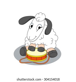 Cute lamb with drum. Cartoon illustration of animal character. Brilliant card for children